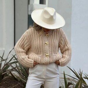 Zara Cozy Chunky Knit Cardigan Sweater Gold Button Size Small